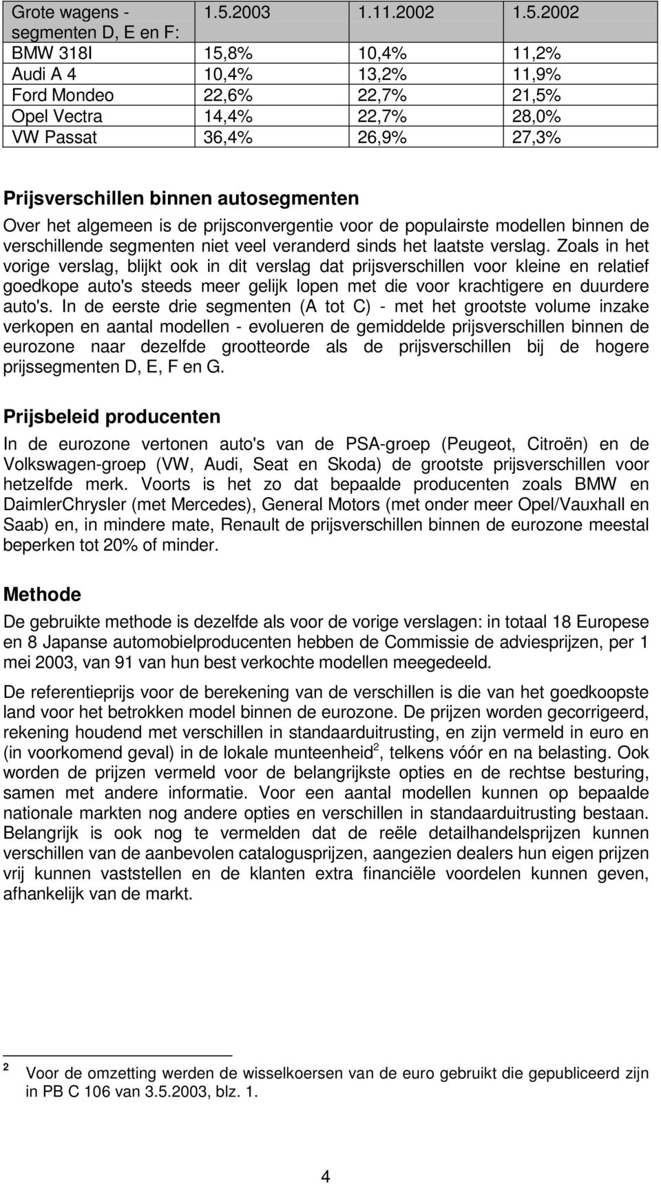 2002 segmenten D, E en F: BMW 318I 15,8% 10,4% 11,2% Audi A 4 10,4% 13,2% 11,9% Ford Mondeo 22,6% 22,7% 21,5% Opel Vectra 14,4% 22,7% 28,0% VW Passat 36,4% 26,9% 27,3% Prijsverschillen binnen