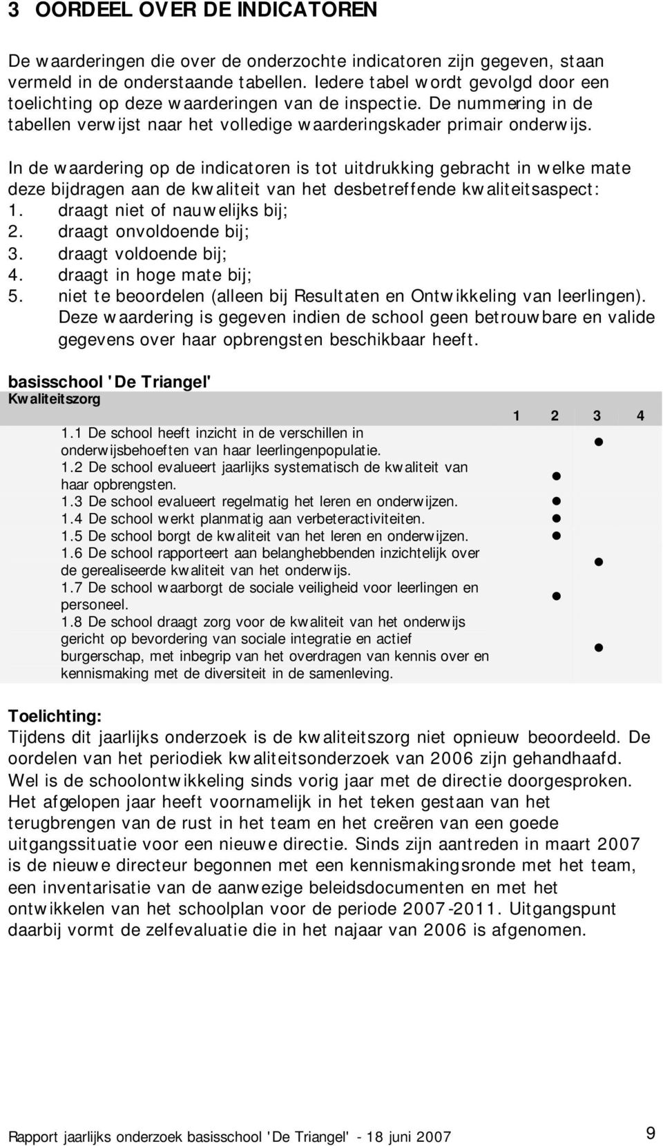 In de waardering op de indicatoren is tot uitdrukking gebracht in welke mate deze bijdragen aan de kwaliteit van het desbetreffende kwaliteitsaspect: 1. draagt niet of nauwelijks bij; 2.