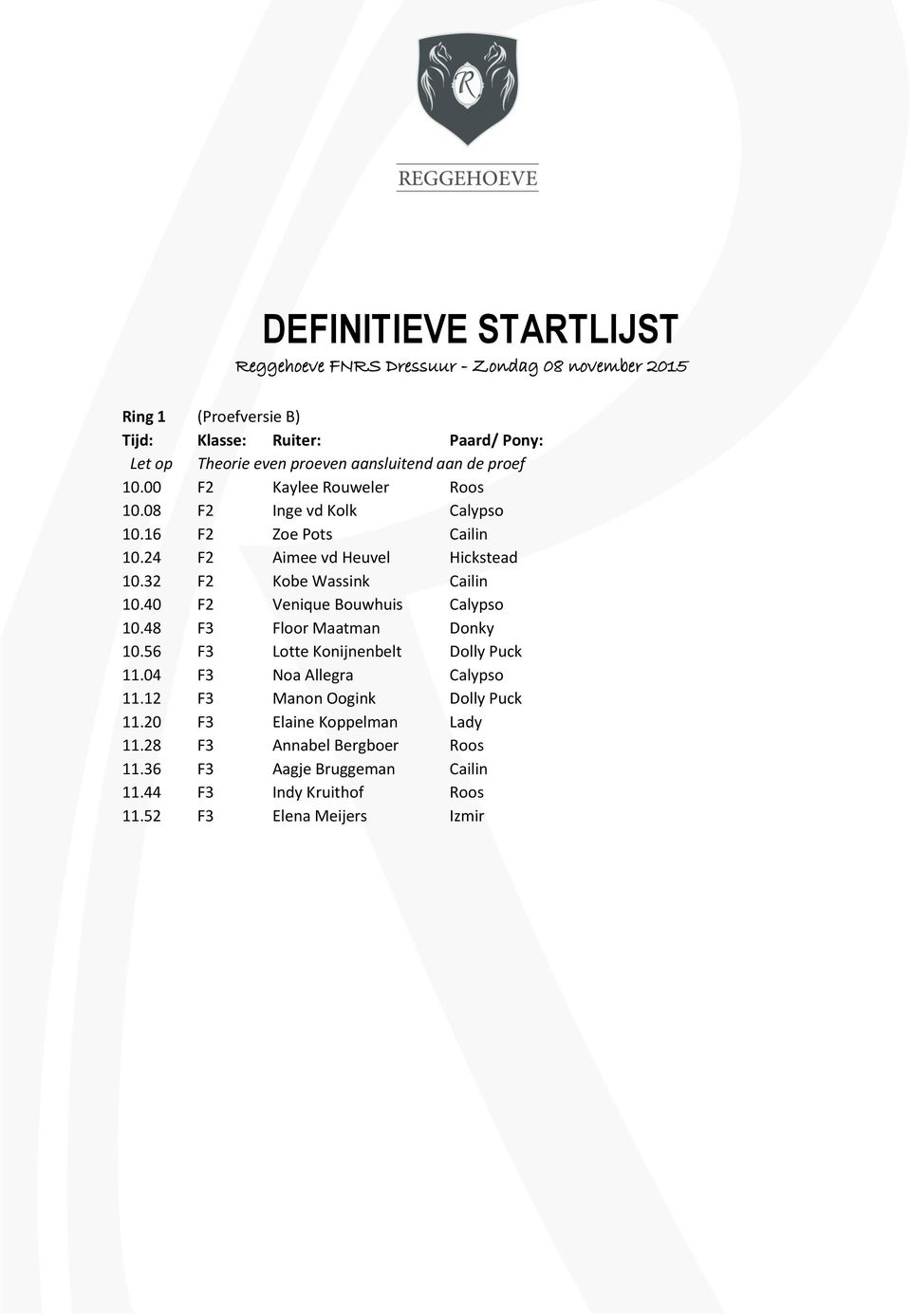 32 F2 Kobe Wassink ailin 10.40 F2 Venique Bouwhuis alypso 10.48 F3 Floor Maatman Donky 10.56 F3 Lotte Konijnenbelt Dolly Puck 11.04 F3 Noa Allegra alypso 11.