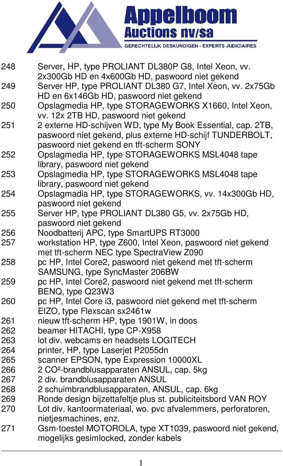 2TB, paswoord niet gekend, plus externe HD-schijf TUNDERBOLT, paswoord niet gekend en tft-scherm SONY 252 Opslagmedia HP, type STORAGEWORKS MSL4048 tape library, paswoord niet gekend 253 Opslagmedia