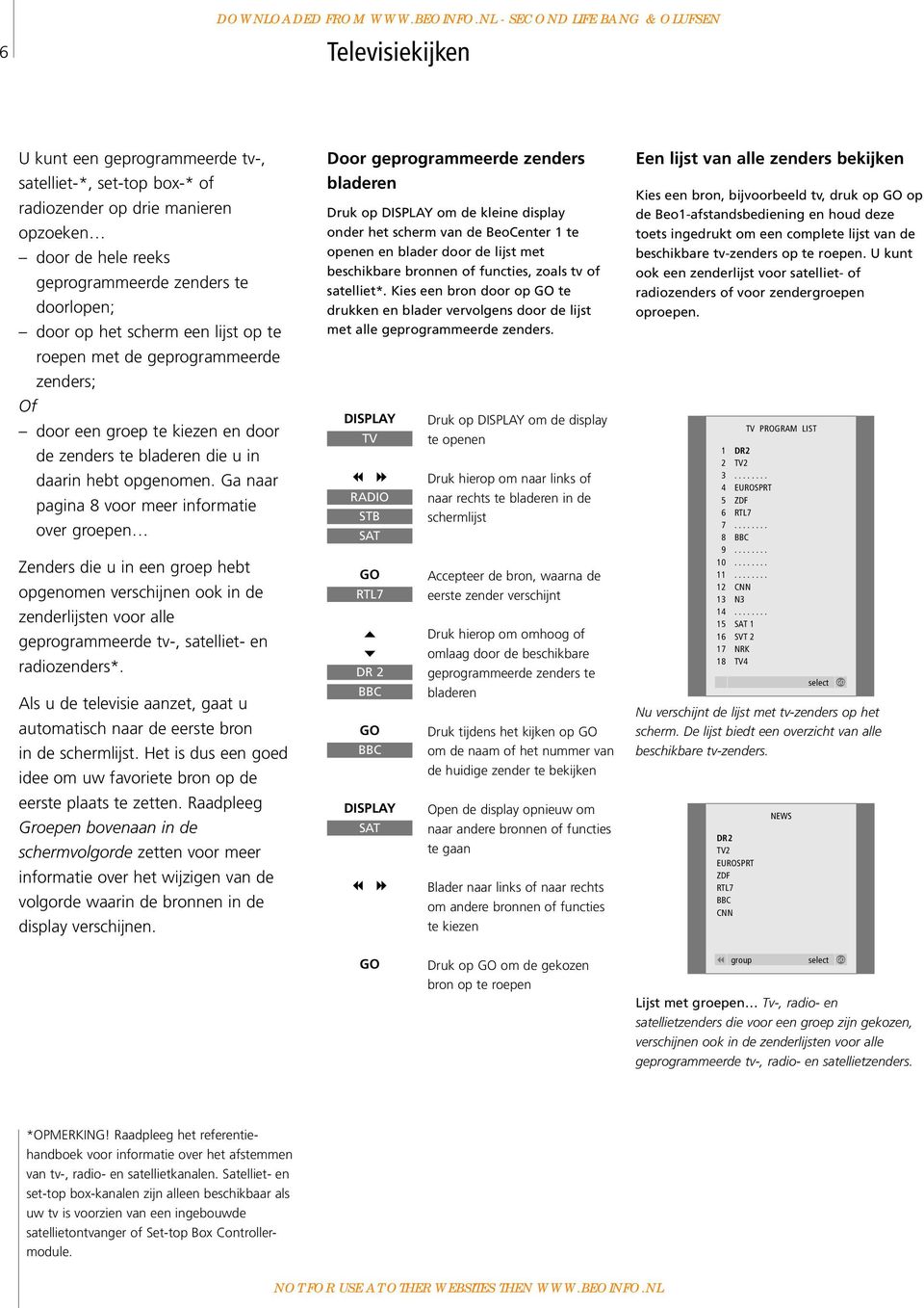 doorlopen; door op het scherm een lijst op te roepen met de geprogrammeerde zenders; Of door een groep te kiezen en door de zenders te bladeren die u in daarin hebt opgenomen.