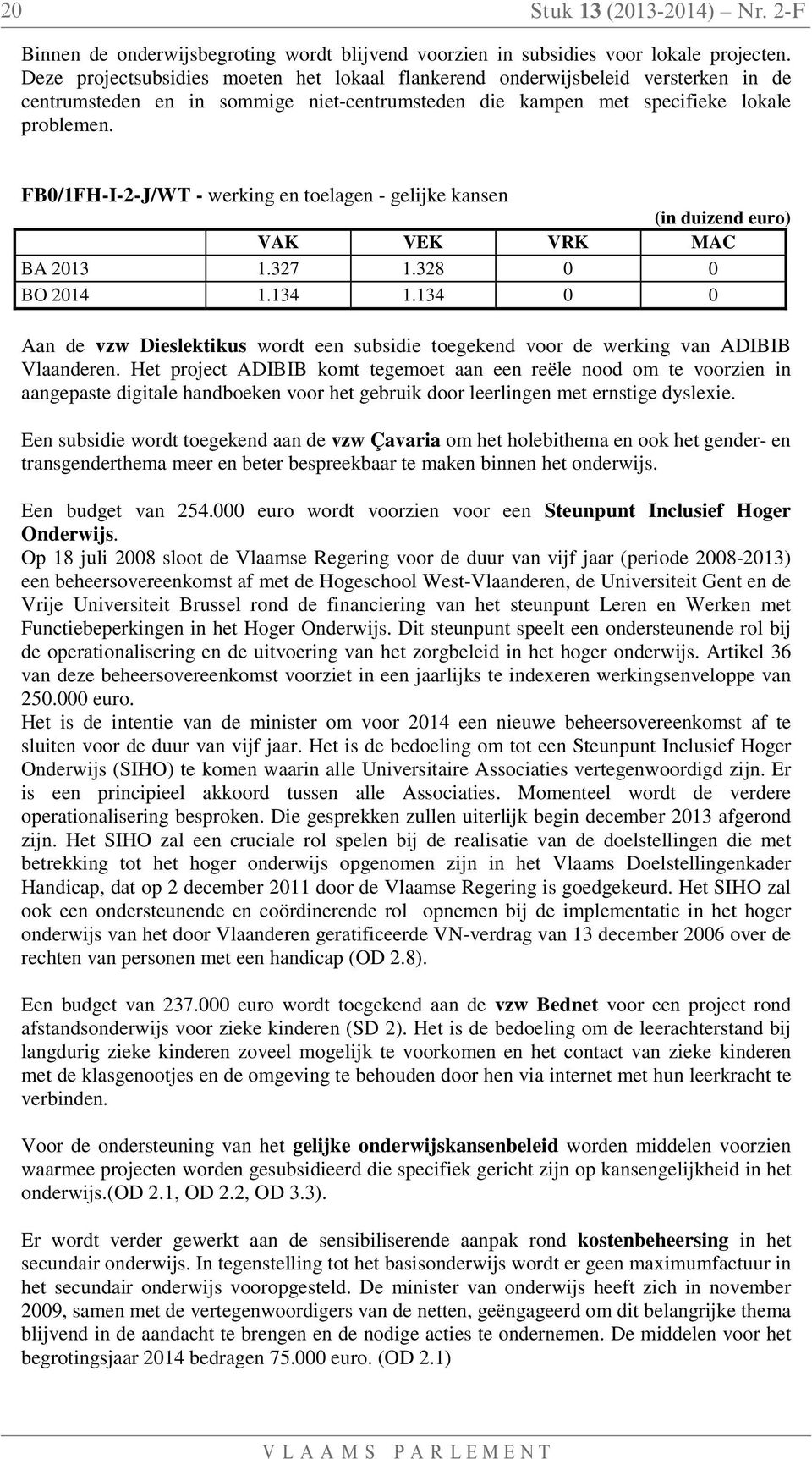 FB0/1FH-I-2-J/WT - werking en toelagen - gelijke kansen BA 2013 1.327 1.328 0 0 BO 2014 1.134 1.134 0 0 Aan de vzw Dieslektikus wordt een subsidie toegekend voor de werking van ADIBIB Vlaanderen.