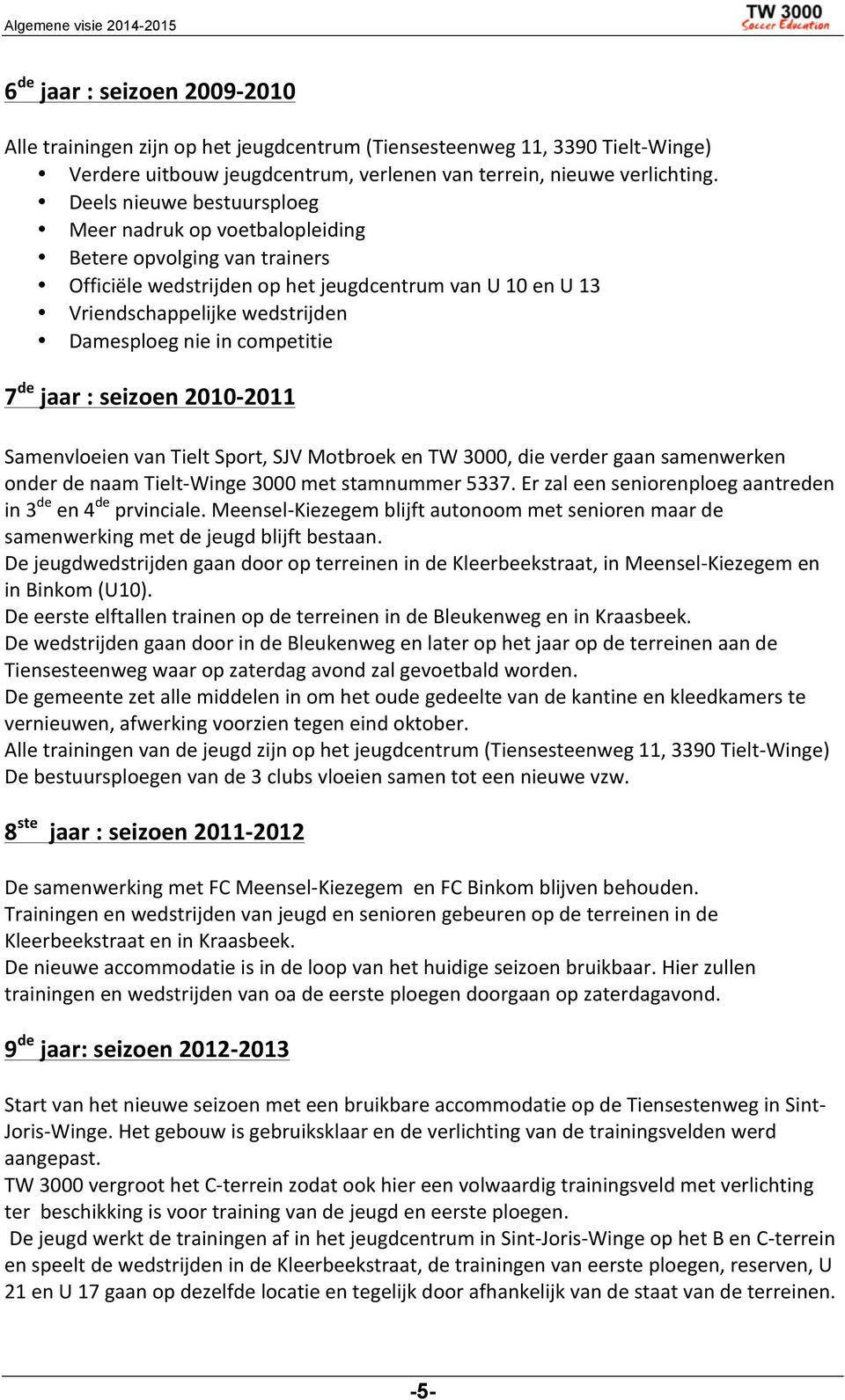 competitie 7 de jaar : seizoen 2010-2011 Samenvloeien van Tielt Sport, SJV Motbroek en TW 3000, die verder gaan samenwerken onder de naam Tielt- Winge 3000 met stamnummer 5337.