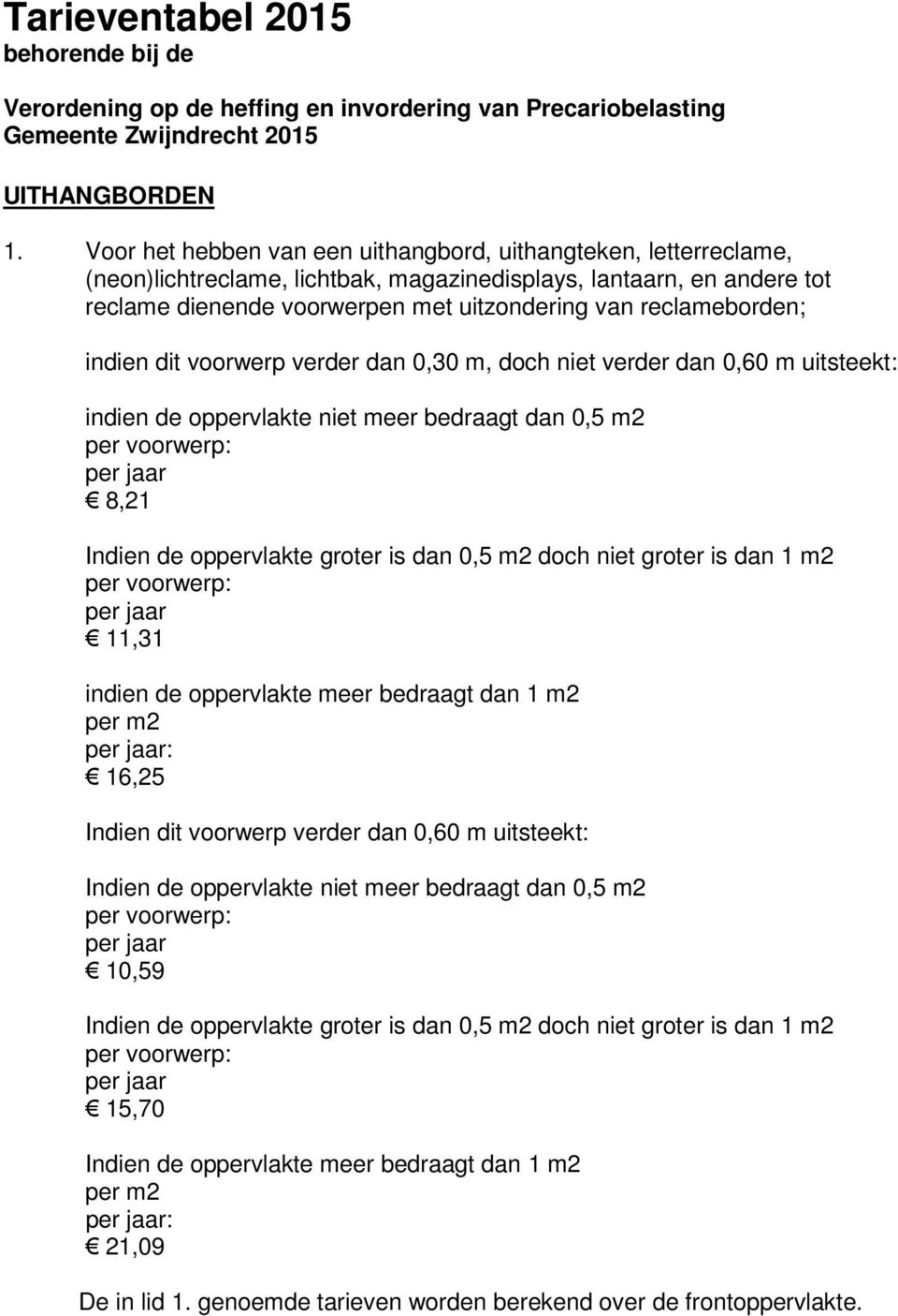 reclameborden; indien dit voorwerp verder dan 0,30 m, doch niet verder dan 0,60 m uitsteekt: indien de oppervlakte niet meer bedraagt dan 0,5 m2 8,21 Indien de oppervlakte groter is dan 0,5 m2 doch