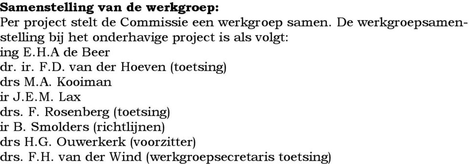 D. van der Hoeven (toetsing) drs M.A. Kooiman ir J.E.M. Lax drs. F. Rosenberg (toetsing) ir B.