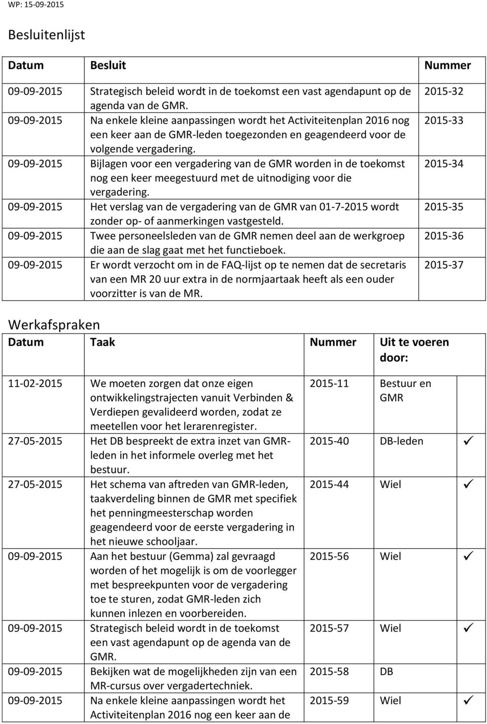 09-09-2015 Bijlagen voor een vergadering van de GMR worden in de toekomst nog een keer meegestuurd met de uitnodiging voor die vergadering.