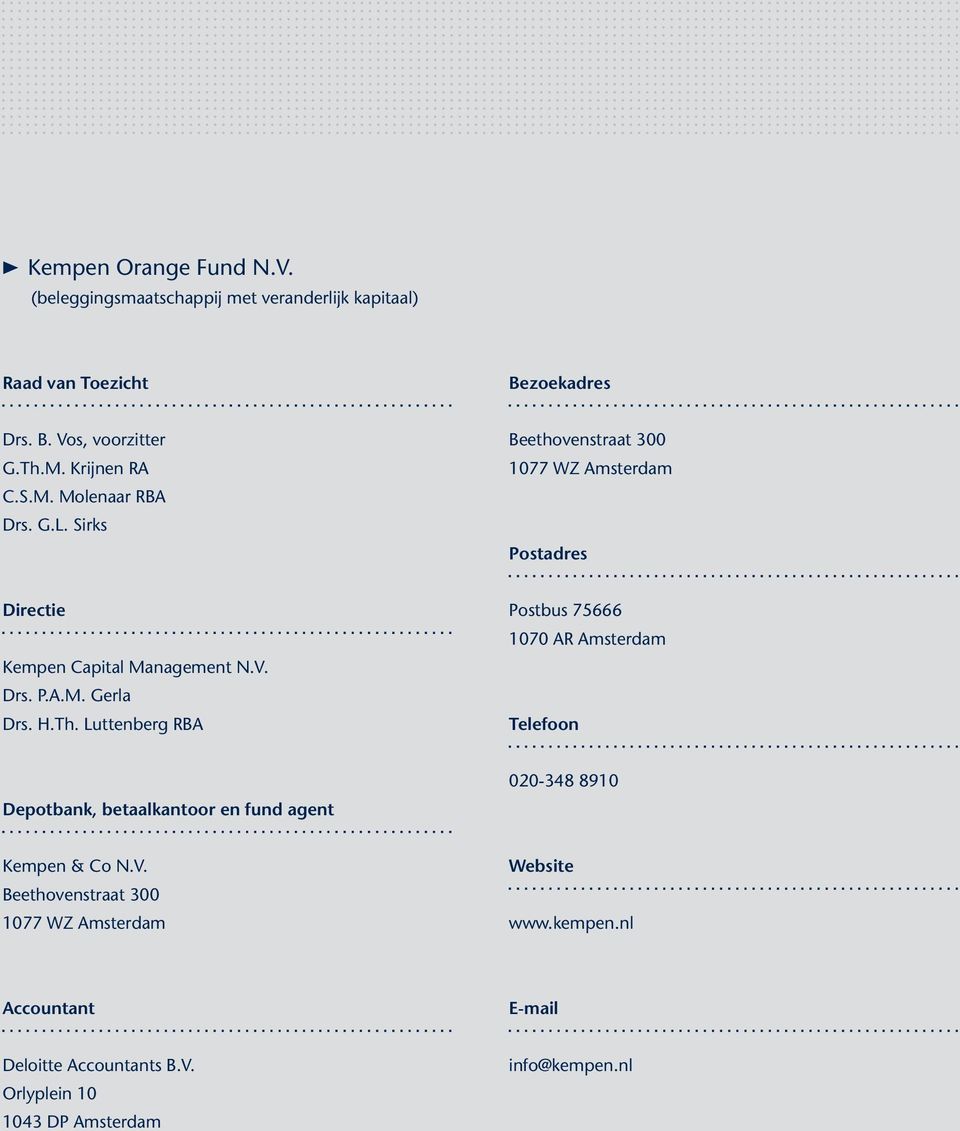 H.Th. Luttenberg RBA Postbus 75666 1070 AR Amsterdam Telefoon Depotbank, betaalkantoor en fund agent 020-348 8910 Kempen & Co N.V.