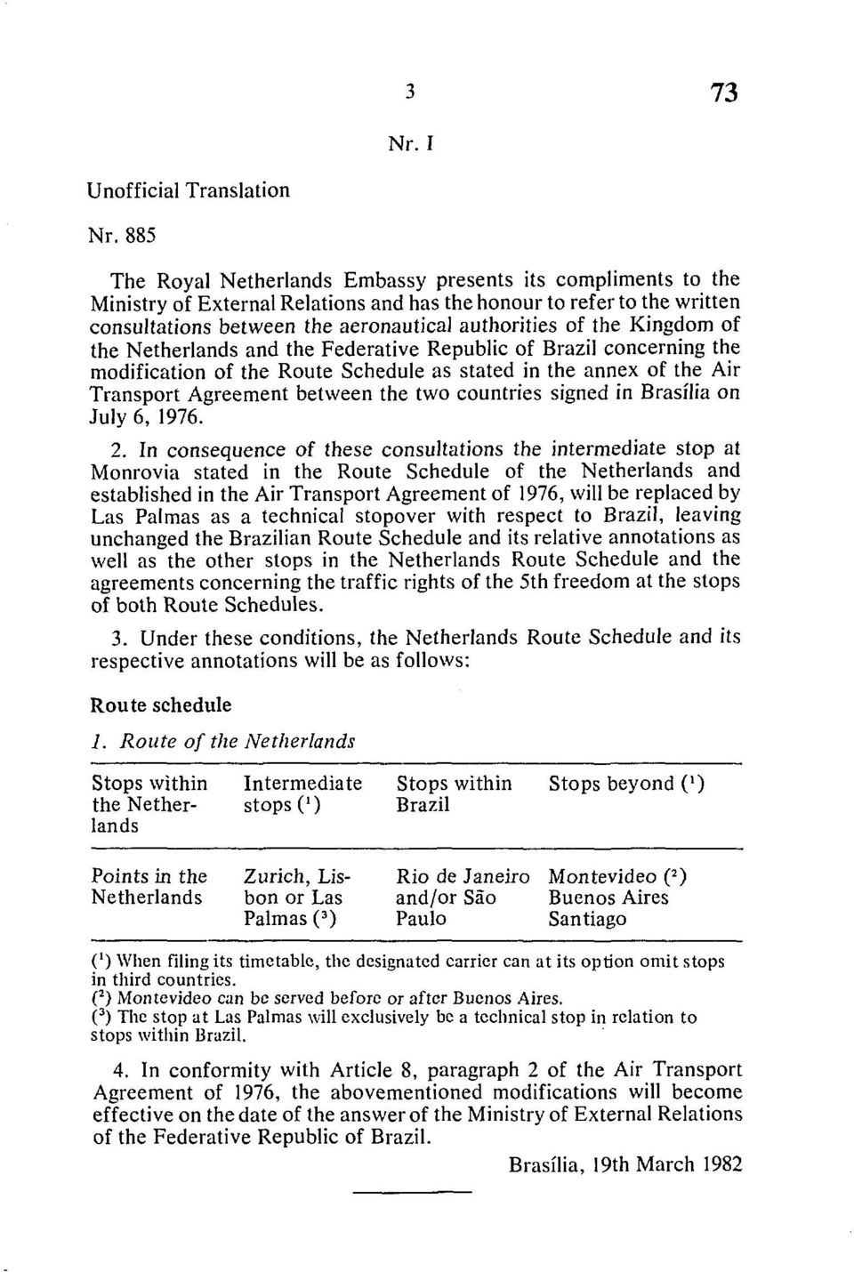 Kingdom of the Netherlands and the Federative Republic of Brazil concerning the modification of the Route Schedule as stated in the annex of the Air Transport Agreement between the two countries