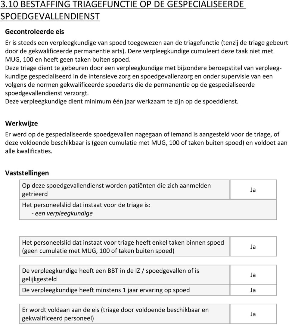 Deze triage dient te gebeuren door een verpleegkundige met bijzondere beroepstitel van verpleegkundige gespecialiseerd in de intensieve zorg en spoedgevallenzorg en onder supervisie van een volgens