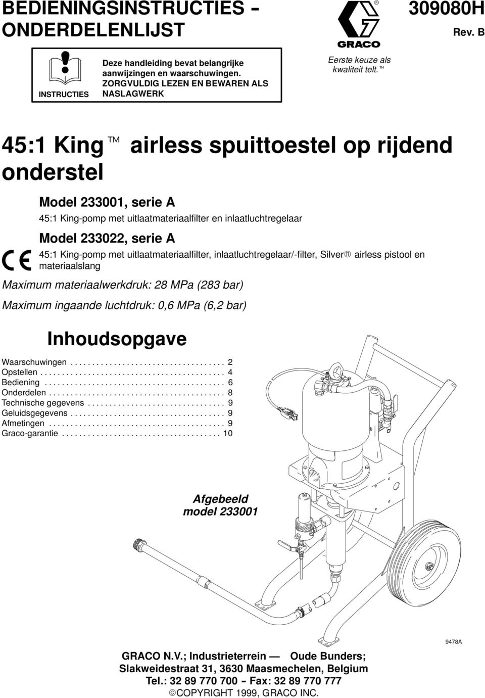 z 45:1 KingZ airless spuittoestel op rijdend onderstel Model 233001, serie A 45:1 King-pomp met uitlaatmateriaalfilter en inlaatluchtregelaar Model 233022, serie A 45:1 King-pomp met