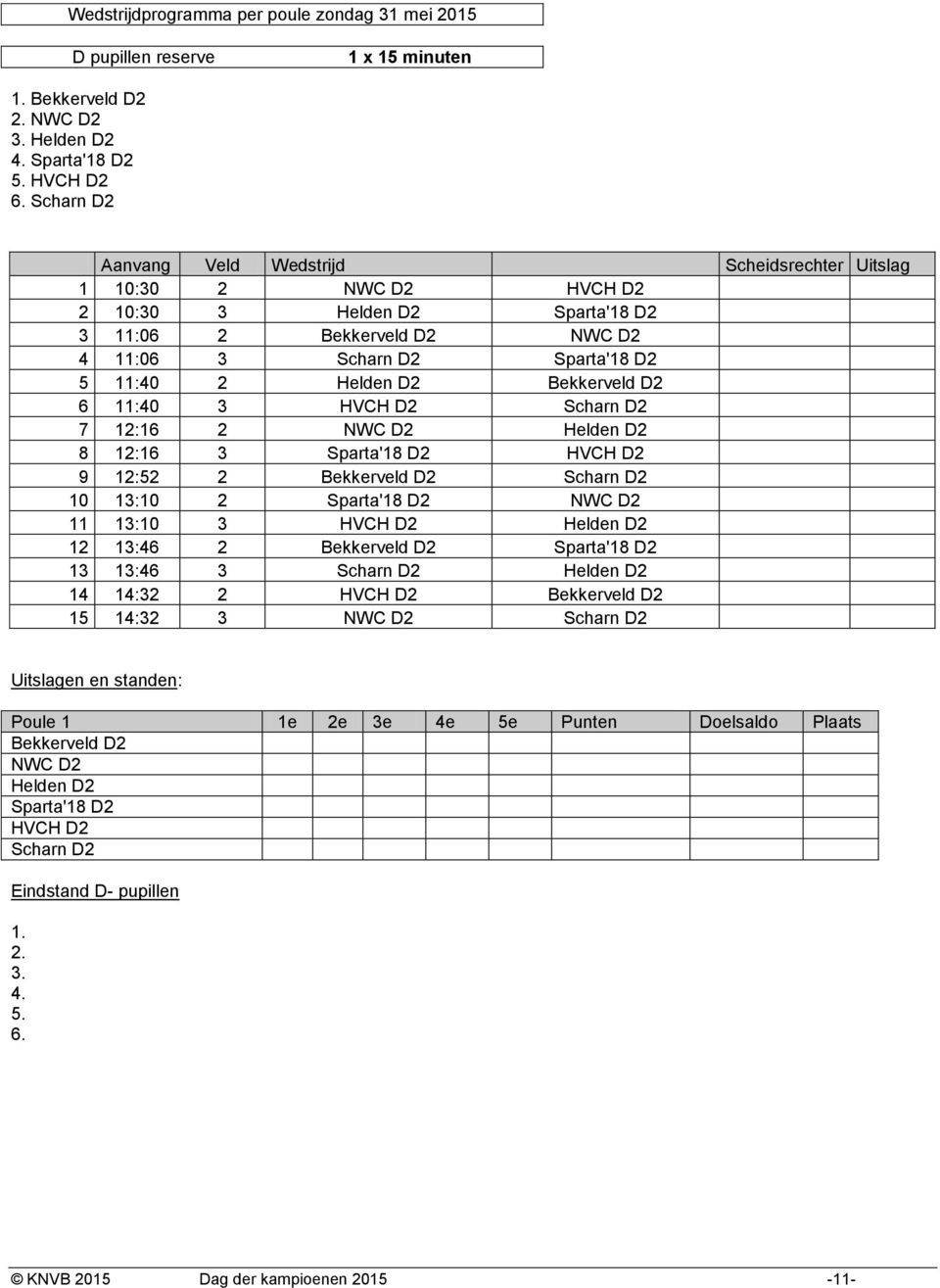 Bekkerveld D2 6 11:40 3 HVCH D2 Scharn D2 7 12:16 2 NWC D2 Helden D2 8 12:16 3 Sparta'18 D2 HVCH D2 9 12:52 2 Bekkerveld D2 Scharn D2 10 13:10 2 Sparta'18 D2 NWC D2 11 13:10 3 HVCH D2 Helden D2 12