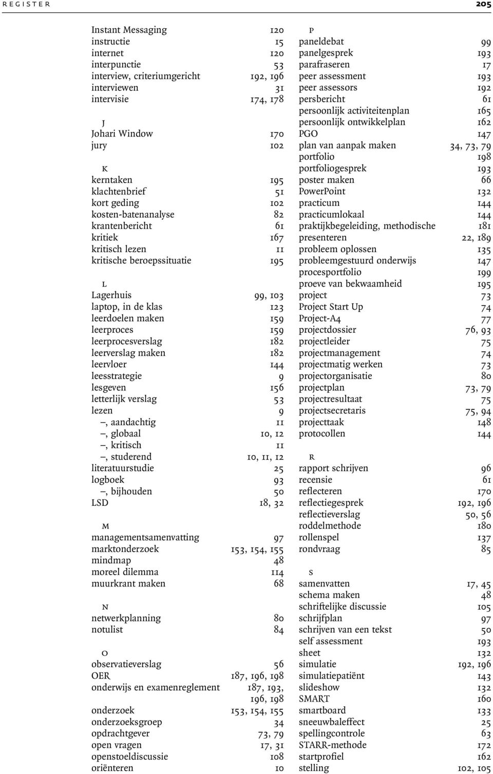 leerproces 159 leerprocesverslag 182 leerverslag maken 182 leervloer 144 leesstrategie 9 lesgeven 156 letterlijk verslag 53 lezen 9, aandachtig 11, globaal 10, 12, kritisch 11, studerend 10, 11, 12