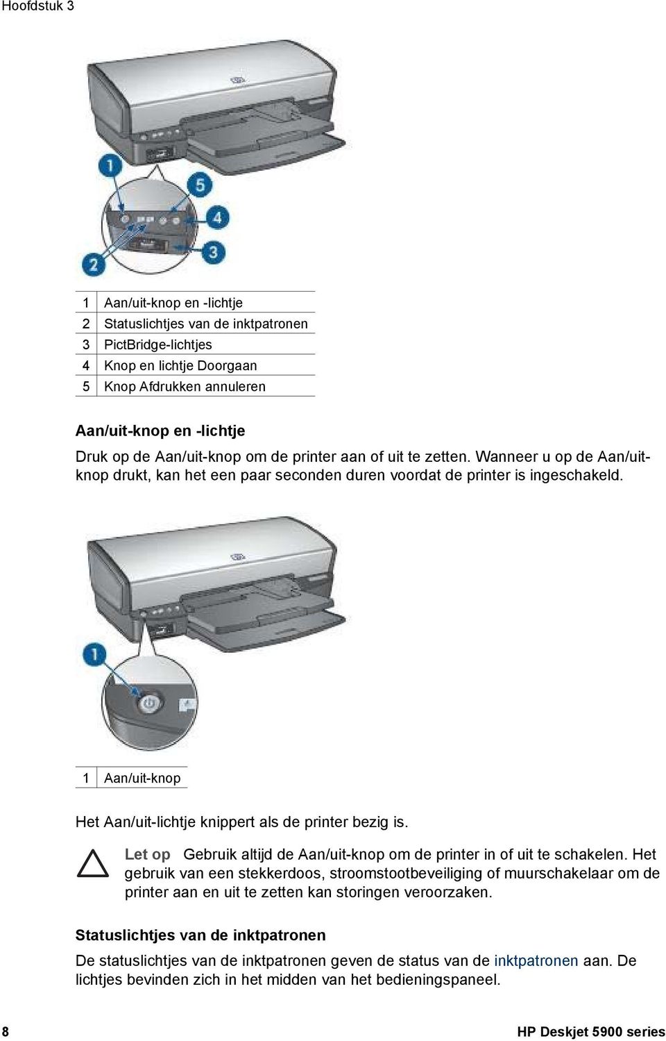 1 Aan/uit-knop Het Aan/uit-lichtje knippert als de printer bezig is. Let op Gebruik altijd de Aan/uit-knop om de printer in of uit te schakelen.
