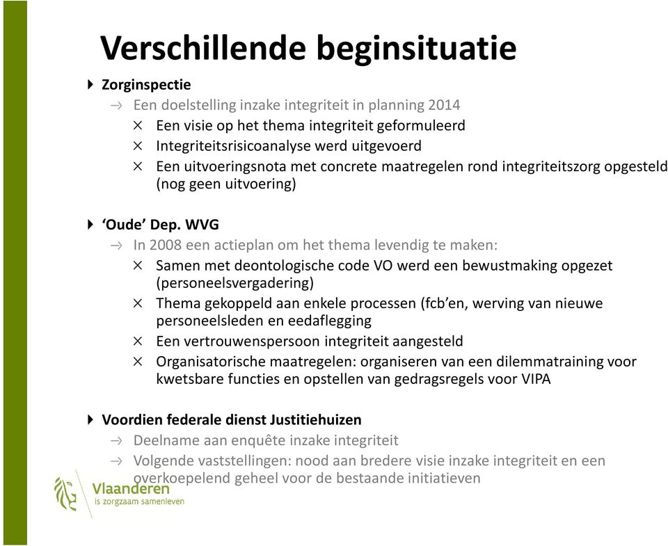 WVG In 2008 een actieplan om het thema levendig te maken: Samen met deontologische code VO werd een bewustmaking opgezet (personeelsvergadering) Thema gekoppeld aan enkele processen (fcb en, werving