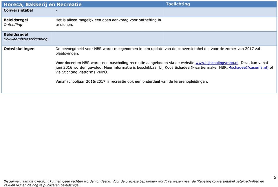 Voor docenten HBR wordt een nascholing recreatie aangeboden via de website www.bijscholingvmbo.nl. Deze kan vanaf juni 2016 worden gevolgd.