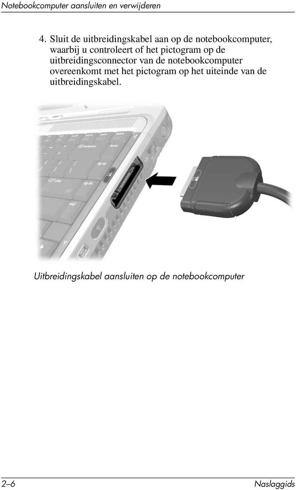 het pictogram op de uitbreidingsconnector van de notebookcomputer overeenkomt met