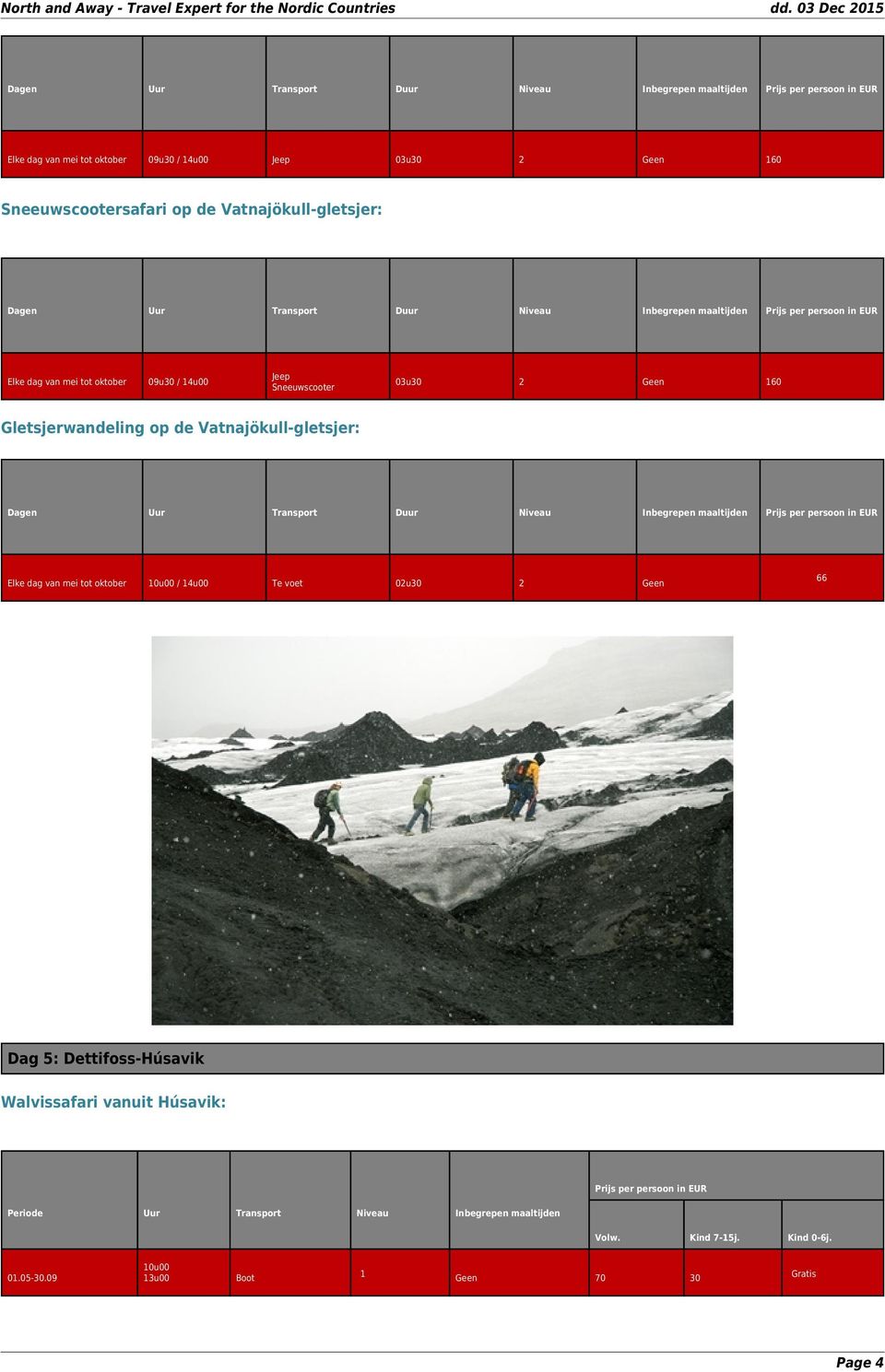 Gletsjerwandeling op de Vatnajökull-gletsjer: Dagen Uur Transport Duur Niveau Inbegrepen maaltijden Elke dag van mei tot oktober 10u00 / 14u00 Te voet 02u30 2 Geen