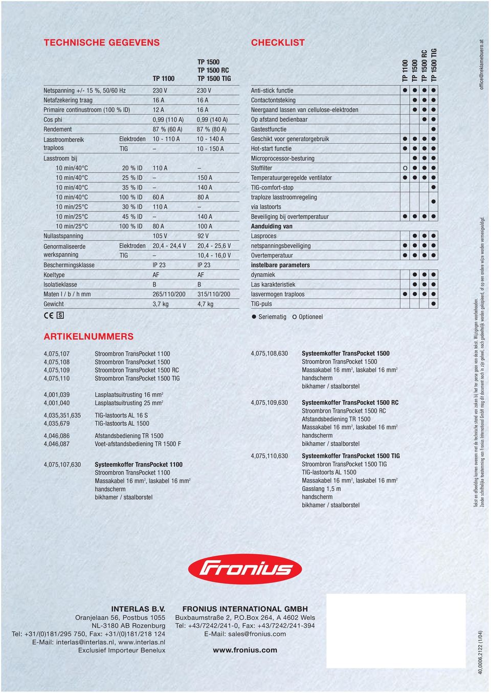 140 A 10 min/40 C 100 % ID 60 A 80 A 10 min/25 C 30 % ID 110 A 10 min/25 C 45 % ID 140 A 10 min/25 C 100 % ID 80 A 100 A Nullastspanning 105 V 92 V Genormaliseerde Elektroden 20,4-24,4 V 20,4-25,6 V