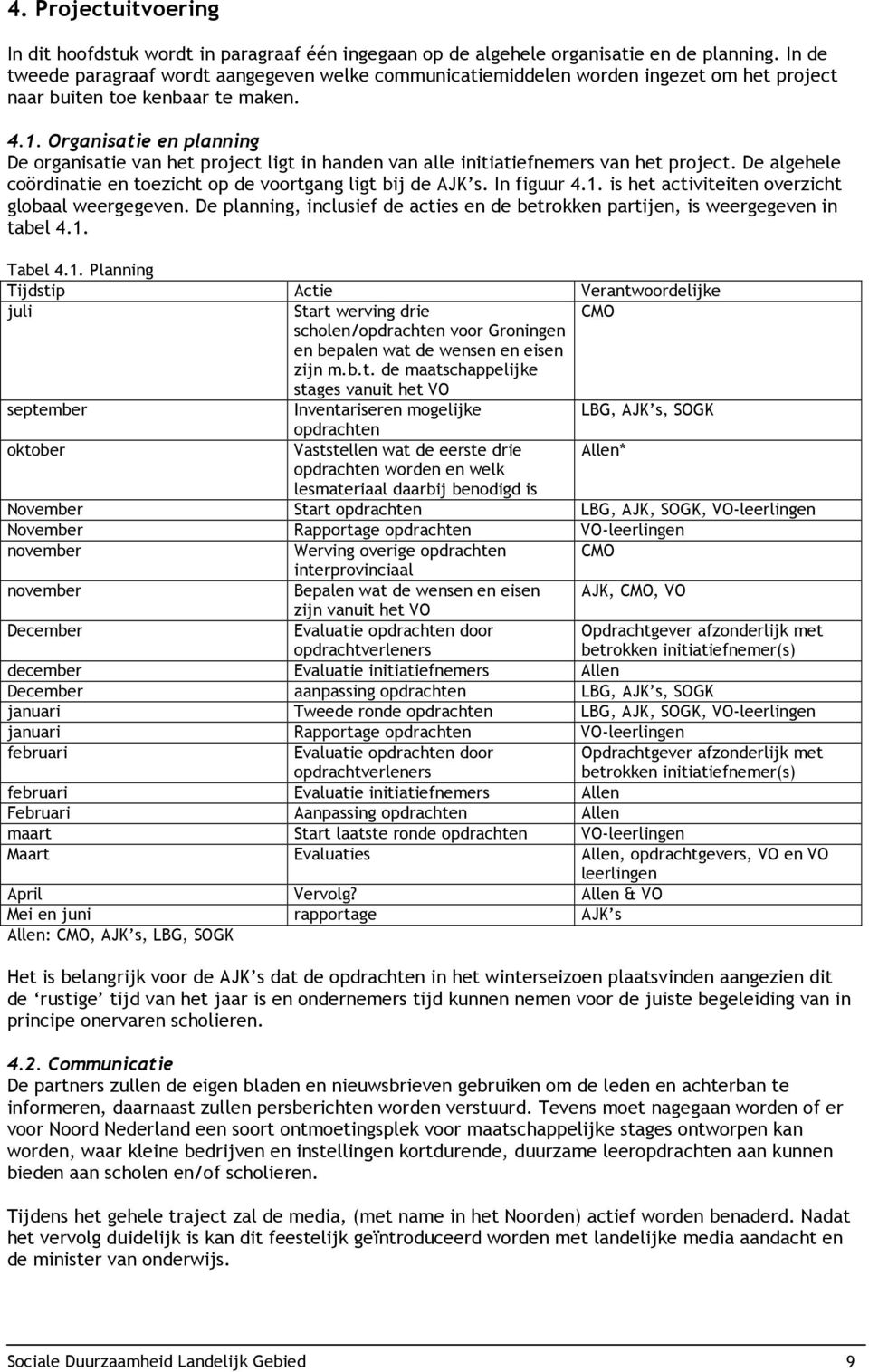 Organisatie en planning De organisatie van het project ligt in handen van alle initiatiefnemers van het project. De algehele coördinatie en toezicht op de voortgang ligt bij de AJK s. In figuur 4.1.