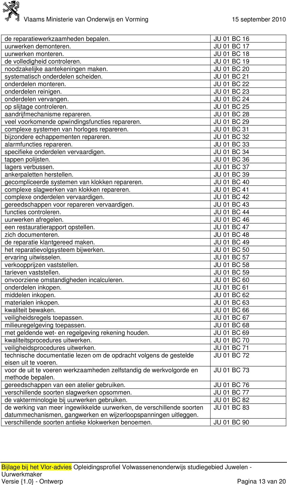 JU 01 BC 25 aandrijfmechanisme repareren. JU 01 BC 28 veel voorkomende opwindingsfuncties repareren. JU 01 BC 29 complexe systemen van horloges repareren.