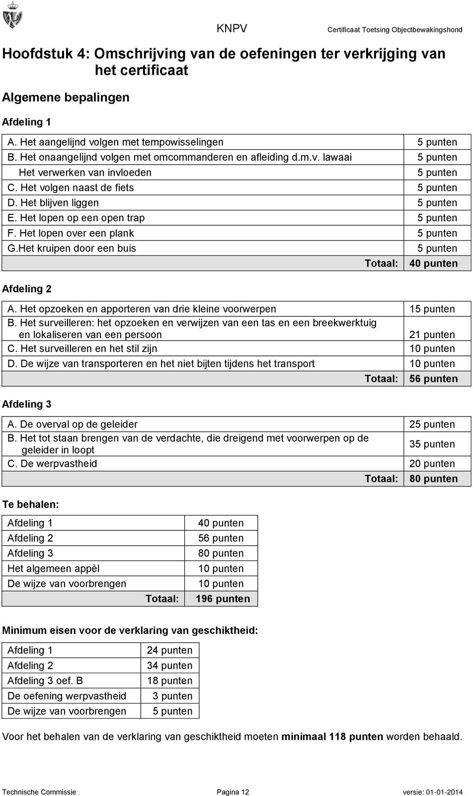 Het volgen naast de fiets 5 punten D. Het blijven liggen 5 punten E. Het lopen op een open trap 5 punten F. Het lopen over een plank 5 punten G.