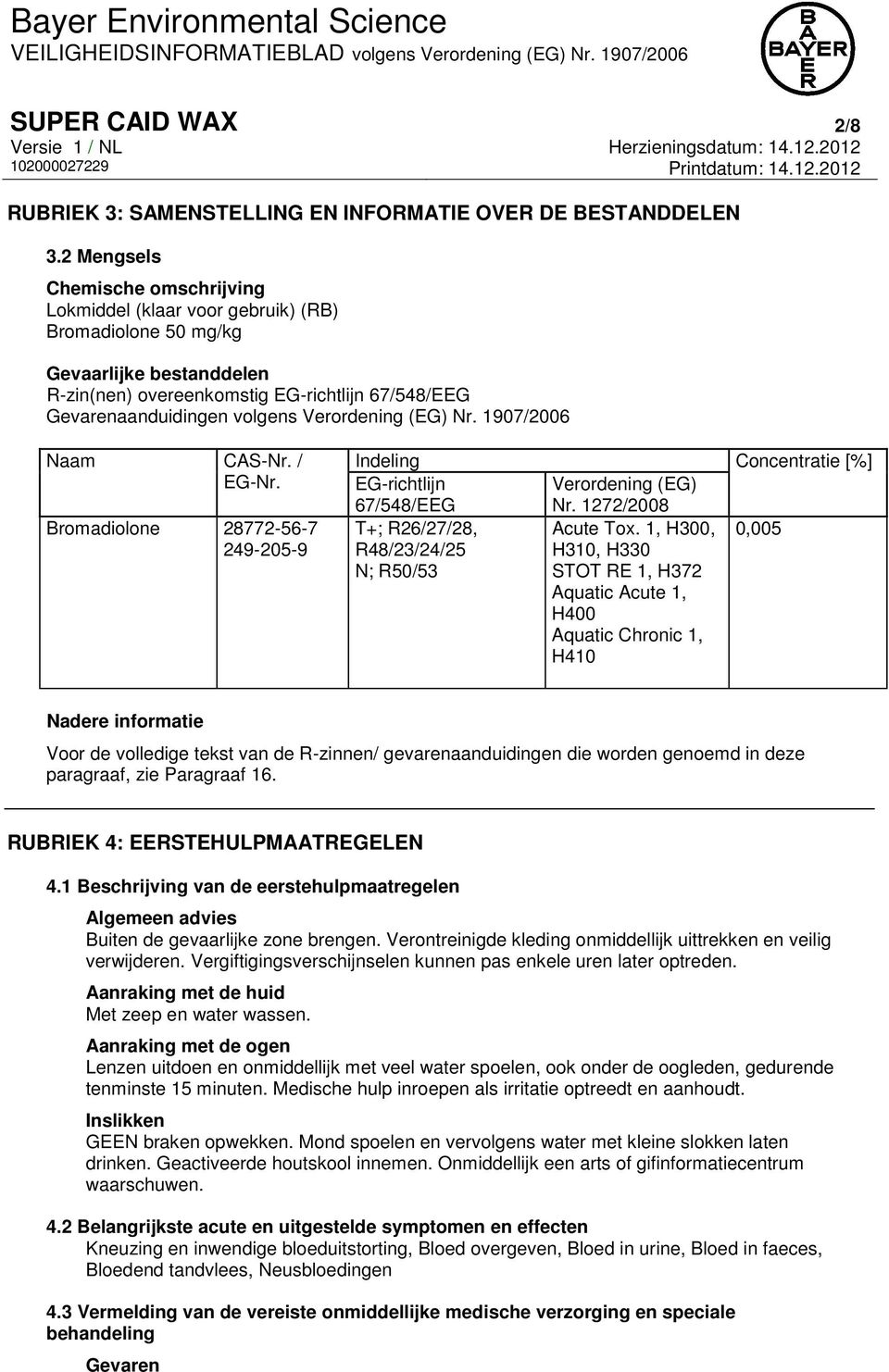 Verordening (EG) Nr. 1907/2006 Naam CAS-Nr. / EG-Nr. Bromadiolone 28772-56-7 249-205-9 Indeling Concentratie [%] EG-richtlijn 67/548/EEG Verordening (EG) Nr. 1272/2008 T+; R26/27/28, Acute Tox.