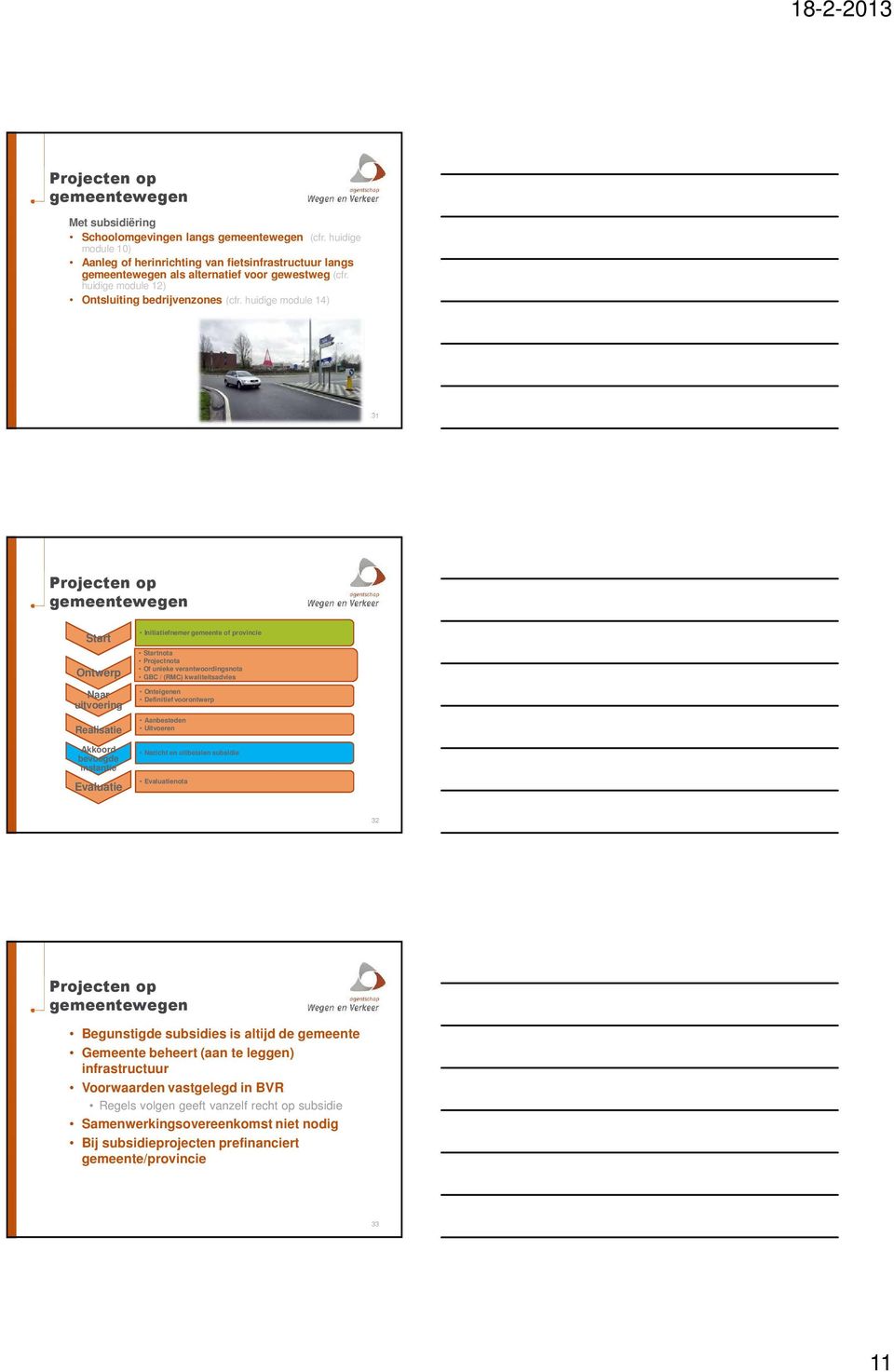 huidige module 14) 31 Projecten op Start Ontwerp Naar uitvoering Realisatie Akkoord bevoegde instantie Evaluatie Initiatiefnemer gemeente of provincie Startnota Projectnota Of unieke