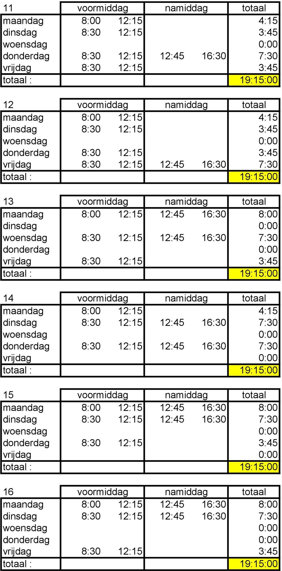 totaal 14 voormiddag namiddag totaal 15