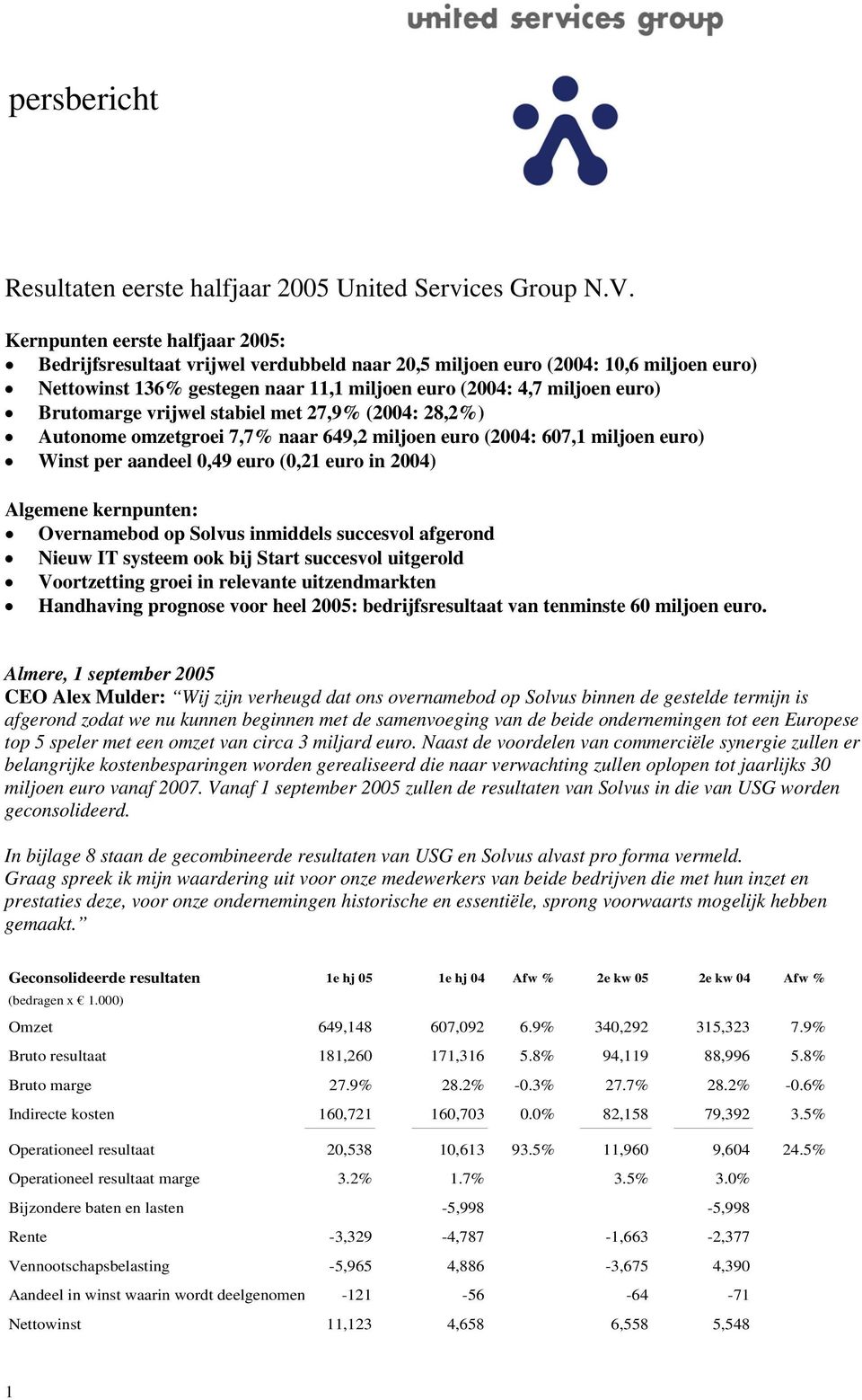 Brutomarge vrijwel stabiel met 27,9% (2004: 28,2%) Autonome omzetgroei 7,7% naar 649,2 miljoen euro (2004: 607,1 miljoen euro) Winst per aandeel 0,49 euro (0,21 euro in 2004) Algemene kernpunten: