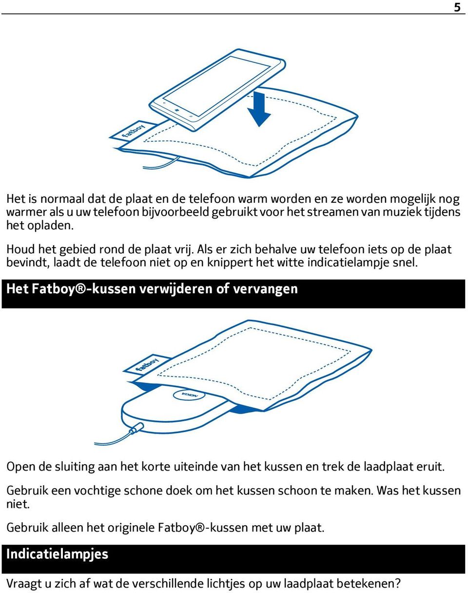 Het Fatboy -kussen verwijderen of vervangen Open de sluiting aan het korte uiteinde van het kussen en trek de laadplaat eruit.