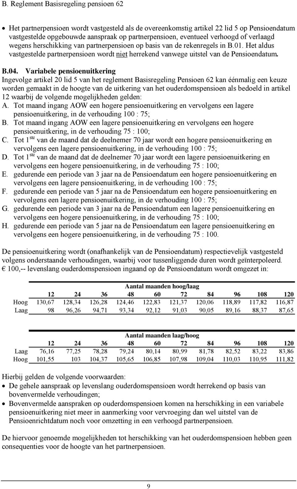 Variabele pensioenuitkering Ingevolge artikel 20 lid 5 van het reglement Basisregeling Pensioen 62 kan éénmalig een keuze worden gemaakt in de hoogte van de uitkering van het ouderdomspensioen als