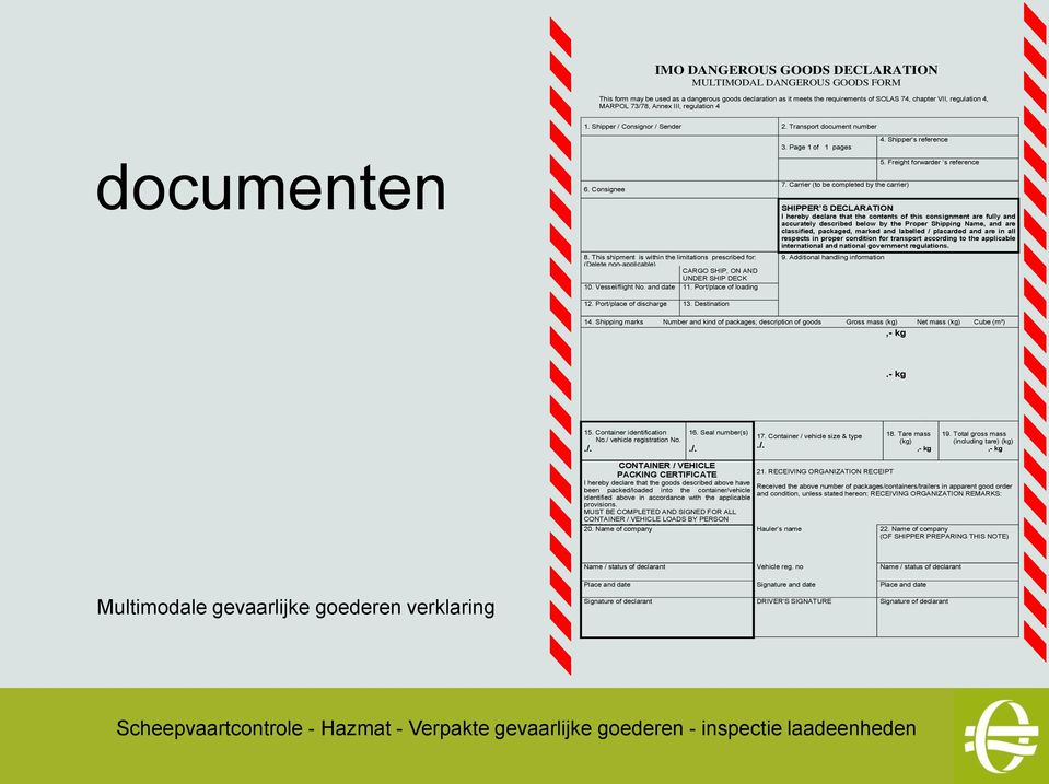 This shipment is within the limitations prescribed for: (Delete non-applicable) CARGO SHIP, ON AND UNDER SHIP DECK 10. Vessel/flight No. and date 11. Port/place of loading 12.