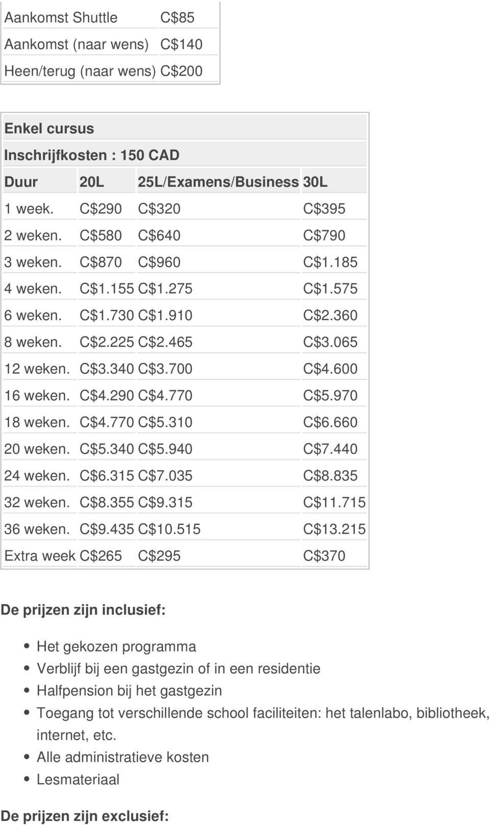 770 C$5.970 18 weken. C$4.770 C$5.310 C$6.660 20 weken. C$5.340 C$5.940 C$7.440 24 weken. C$6.315 C$7.035 C$8.835 32 weken. C$8.355 C$9.315 C$11.715 36 weken. C$9.435 C$10.515 C$13.