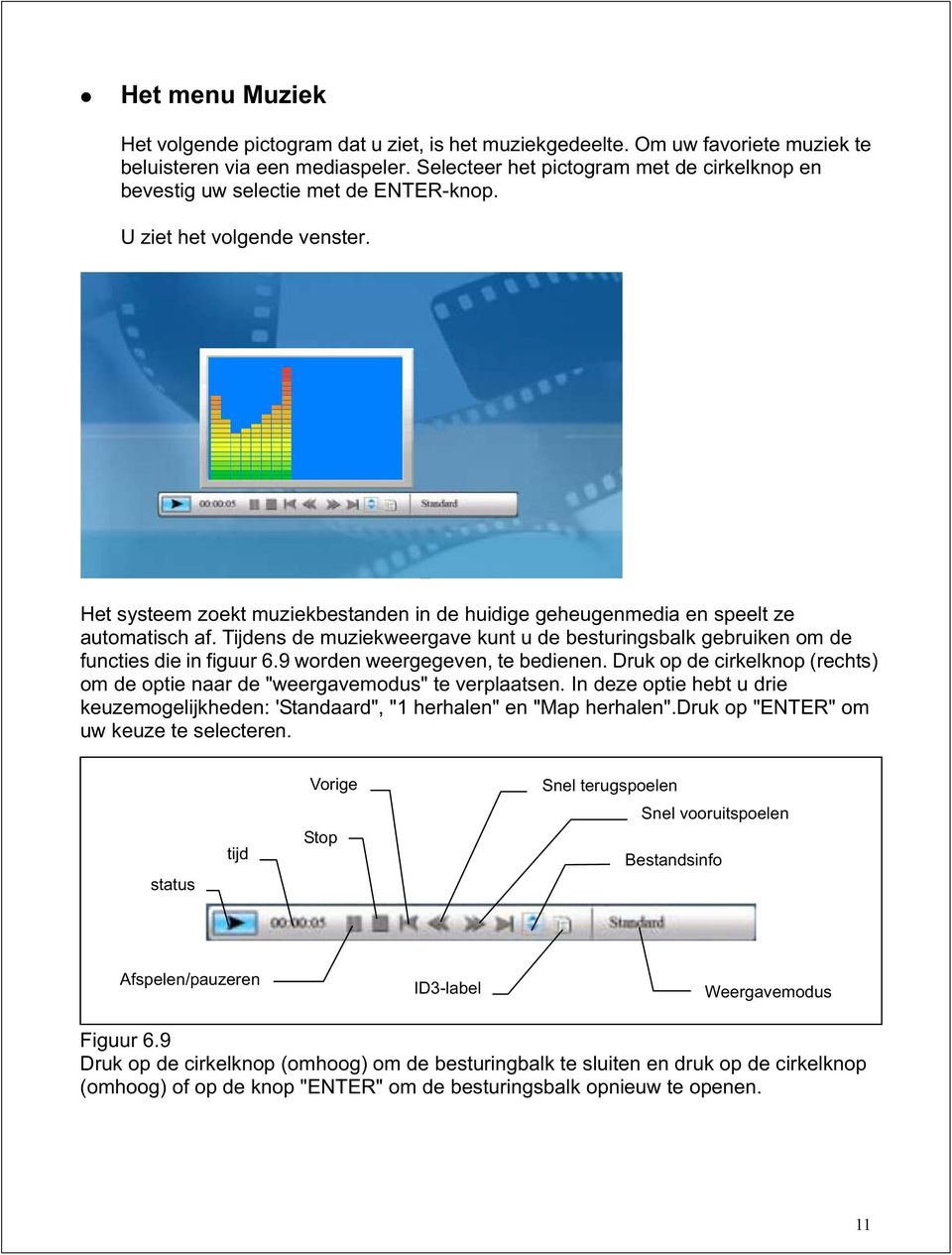 Het systeem zoekt muziekbestanden in de huidige geheugenmedia en speelt ze automatisch af. Tijdens de muziekweergave kunt u de besturingsbalk gebruiken om de functies die in figuur 6.