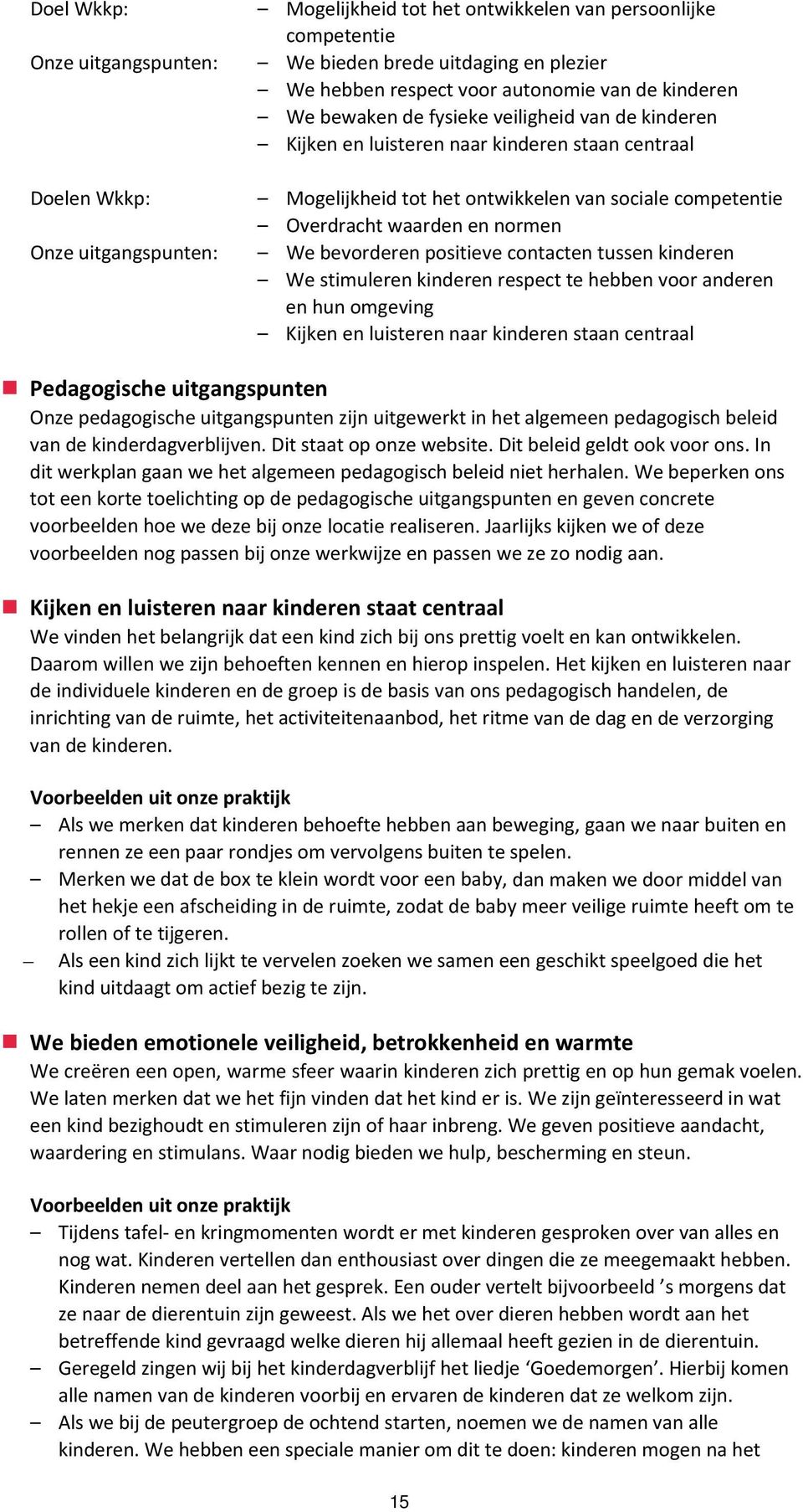 We bevorderen positieve contacten tussen kinderen We stimuleren kinderen respect te hebben voor anderen en hun omgeving Kijken en luisteren naar kinderen staan centraal Pedagogische uitgangspunten