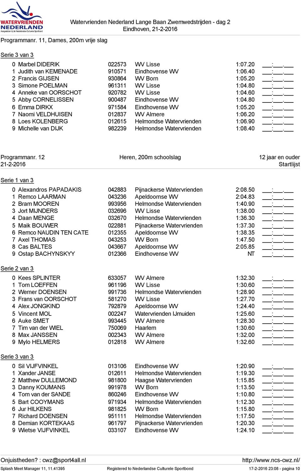 5 Abby CORNELISSEN 900487 Eindhovense WV 1:04.80 :. 6 Emma DIRKX 971584 Eindhovense WV 1:05.20 :. 7 Naomi VELDHUISEN 012837 WV Almere 1:06.20 :. 8 Loes KOLENBERG 012615 Helmondse Watervrienden 1:06.