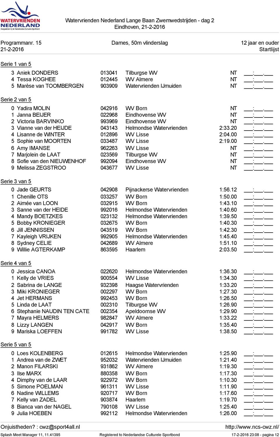 3 Vianne van der HEIJDE 043143 Helmondse Watervrienden 2:33.20 :. 4 Lisanne de WINTER 012896 WV Lisse 2:04.00 :. 5 Sophie van MOORTEN 033487 WV Lisse 2:19.00 :. 6 Amy IMANSE 962263 WV Lisse NT :.