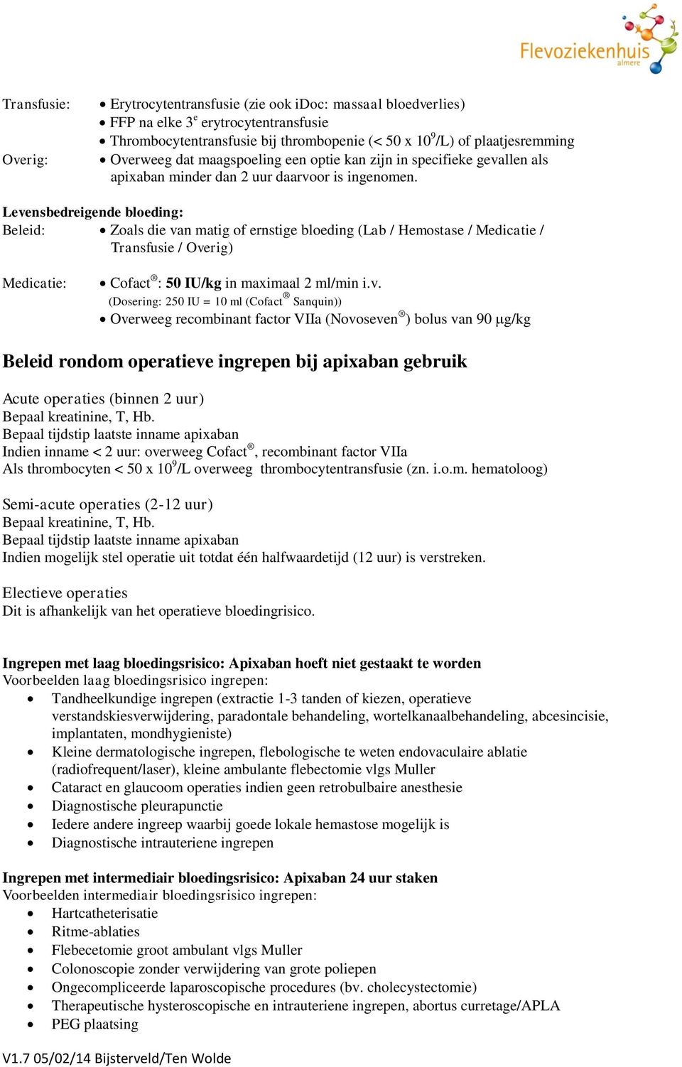 Levensbedreigende bloeding: Beleid: Zoals die van matig of ernstige bloeding (Lab / Hemostase / Medicatie / Transfusie / Overig) Medicatie: Cofact : 50 IU/kg in maximaal 2 ml/min i.v. (Dosering: 250