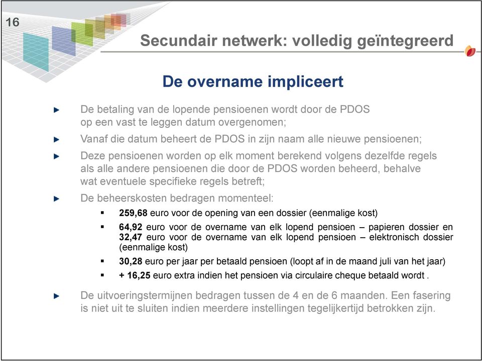 regels betreft; De beheerskosten bedragen momenteel: 259,68 euro voor de opening van een dossier (eenmalige kost) 64,92 euro voor de overname van elk lopend pensioen papieren dossier en 32,47 euro