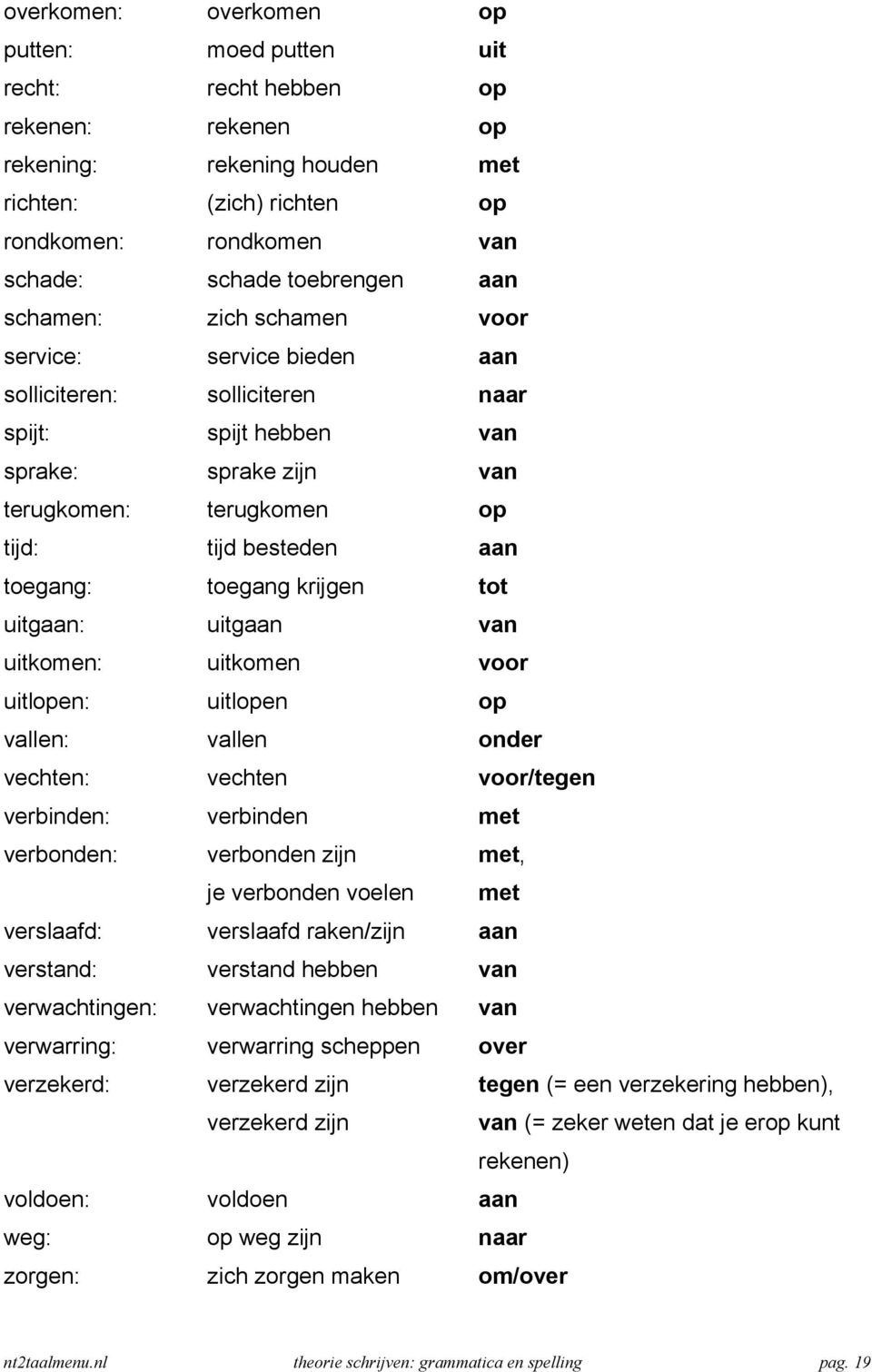 toegang krijgen tot uitgaan: uitgaan van uitkomen: uitkomen voor uitlopen: uitlopen op vallen: vallen onder vechten: vechten voor/tegen verbinden: verbinden met verbonden: verbonden zijn met, je