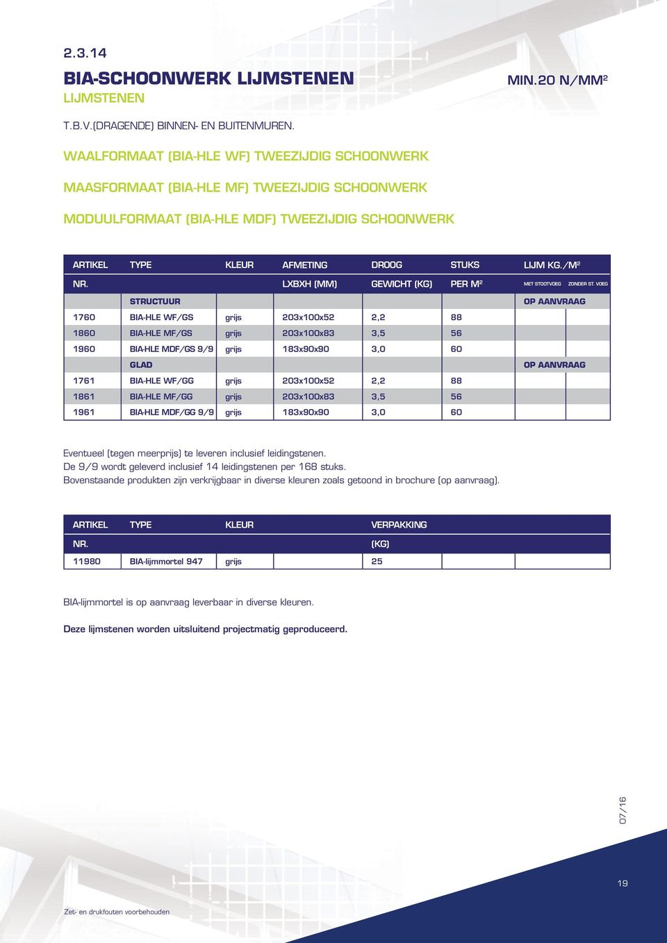 /m 2 STRUCTUUR 1760 BIA-HLE WF/GS grijs 203x100x52 2,2 88 OP AANVRAAG 1860 BIA-HLE MF/GS grijs 203x100x83 3,5 56 1960 BIA-HLE MDF/GS 9/9 grijs 183x90x90 3,0 60 GLAD OP AANVRAAG 1761 BIA-HLE WF/GG