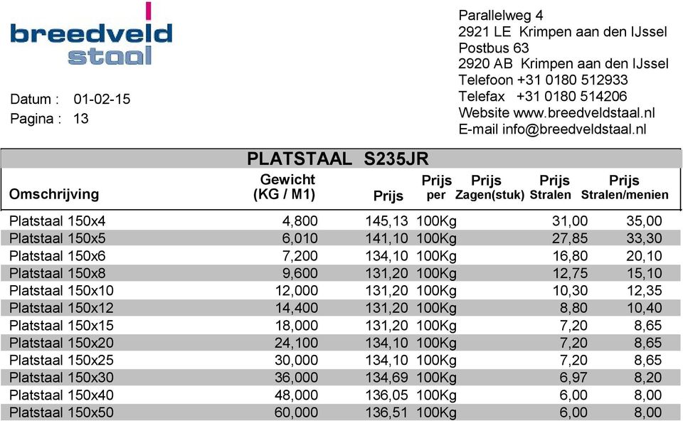 131,20 100Kg 8,80 10,40 Platstaal 150x15 18,000 131,20 100Kg 7,20 8,65 Platstaal 150x20 24,100 134,10 100Kg 7,20 8,65 Platstaal 150x25 30,000 134,10