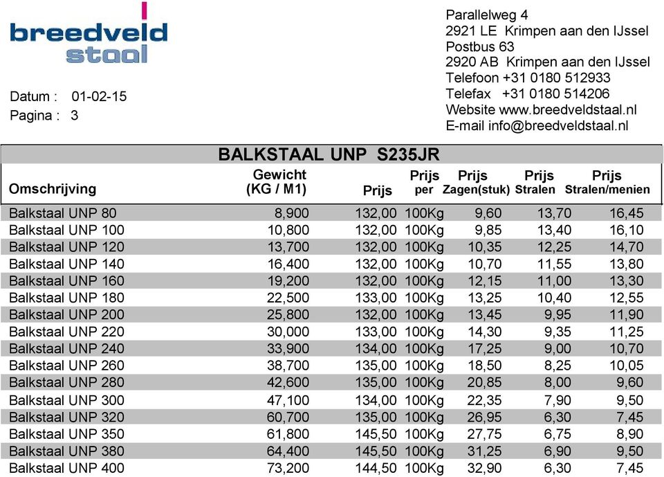 100Kg 13,45 9,95 11,90 Balkstaal UNP 220 30,000 133,00 100Kg 14,30 9,35 11,25 Balkstaal UNP 240 33,900 134,00 100Kg 17,25 9,00 10,70 Balkstaal UNP 260 38,700 135,00 100Kg 18,50 8,25 10,05 Balkstaal