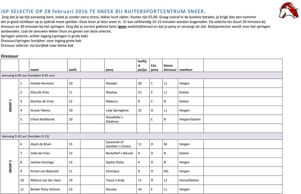 De selectie-les uurt 30 minuten bij ressuur en 40 minuten bij het springen. Zorg at je correct geklee bent (geen westrijtenue) en at je er verzorgt uit ziet.