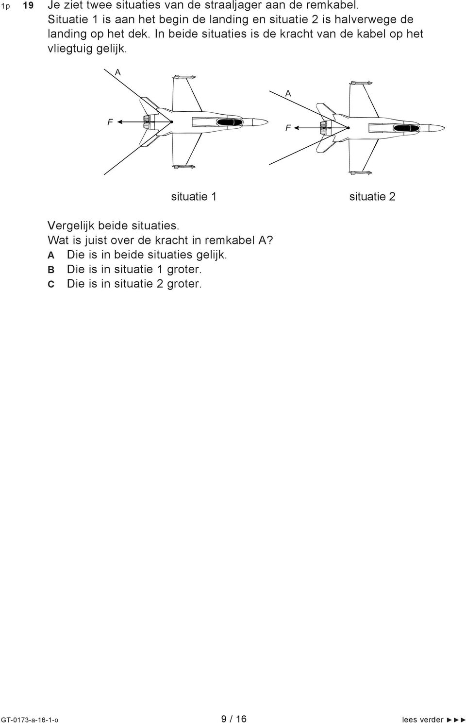 In beide situaties is de kracht van de kabel op het vliegtuig gelijk.