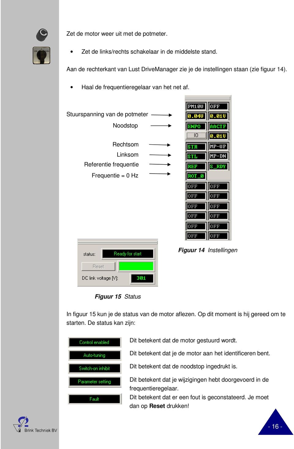 Stuurspanning van de potmeter Noodstop Rechtsom Linksom Referentie frequentie Frequentie = 0 Hz Figuur 14 Instellingen Figuur 15 Status In figuur 15 kun je de status van de motor aflezen.