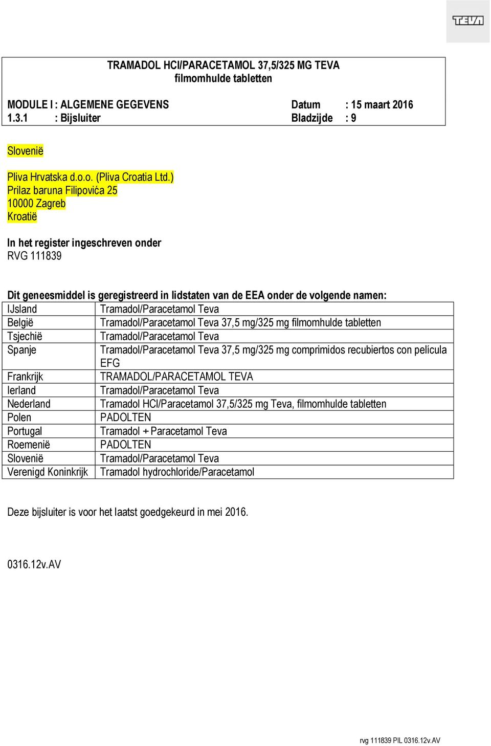 Tramadol/Paracetamol Teva België Tramadol/Paracetamol Teva 37,5 mg/325 mg Tsjechië Tramadol/Paracetamol Teva Spanje Tramadol/Paracetamol Teva 37,5 mg/325 mg comprimidos recubiertos con película EFG