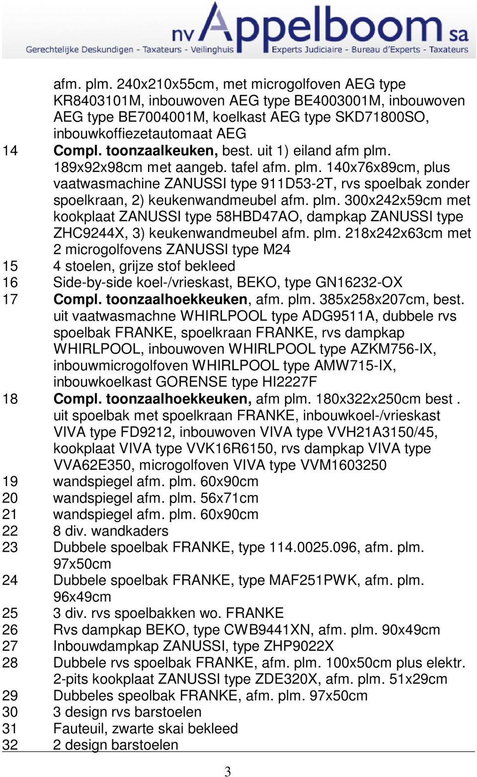 plm. 300x242x59cm met kookplaat ZANUSSI type 58HBD47AO, dampkap ZANUSSI type ZHC9244X, 3) keukenwandmeubel afm. plm.