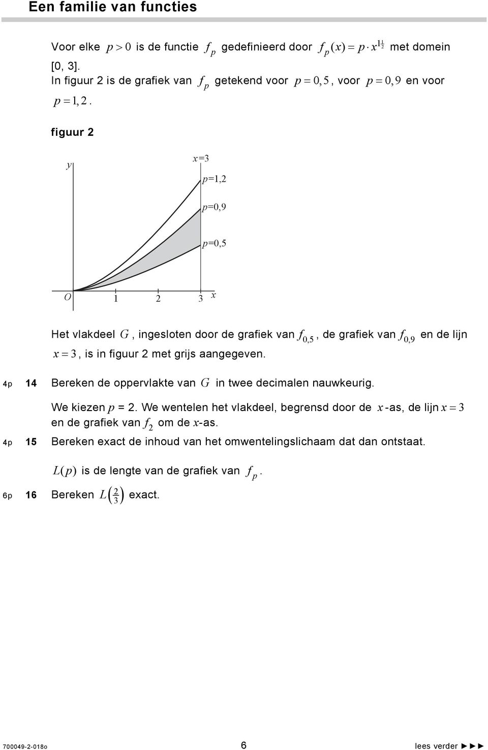 grafiek van f 0,9 en de lijn x = 3, is in figuur 2 met grijs aangegeven. 4p 14 Bereken de oppervlakte van G in twee decimalen nauwkeurig. We kiezen p = 2.