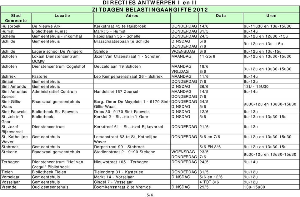 Craenstraat 1 - Schoten MAANDAG 11-25/6 en 13u30-15u30 OCMW Schoten Dienstencentrum Cogelshof Deuzeldlaan 19 Schoten MAANDAG 18/6 VRIJDAG 8/6 en 13u30-15u30 Schriek Pastorie Leo Kempenaersstraat 26 -